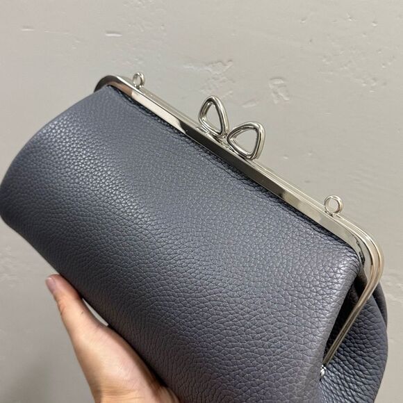 Gray Premium Cowhide Leather Handmade Bow Shaped Kisslock Baguette Bag/Crossbody - Picture 13 of 16